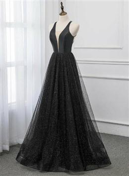 Picture of Black Color V-neckline Tulle and Satin Long Straps Cross Back Prom Dresses, Floor Length Evening Dresses